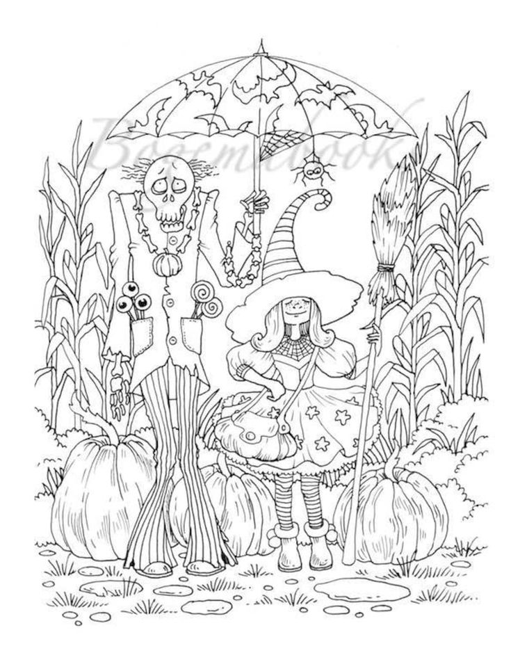 Nice little town halloween in witch town adult coloring