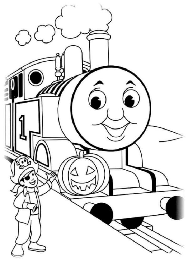 A boy dressed as a pirate greets thomas coloring page