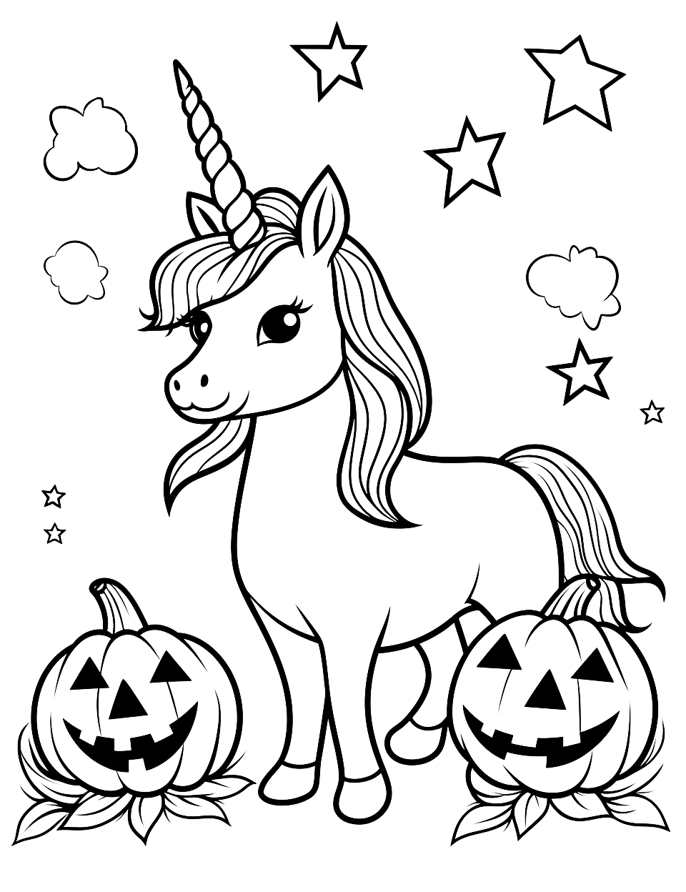 Magical halloween coloring page unicorn and jack o lantern