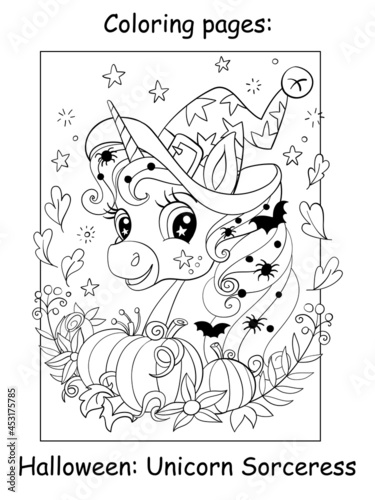 Coloring book page cute portrait of unicorn halloween vector