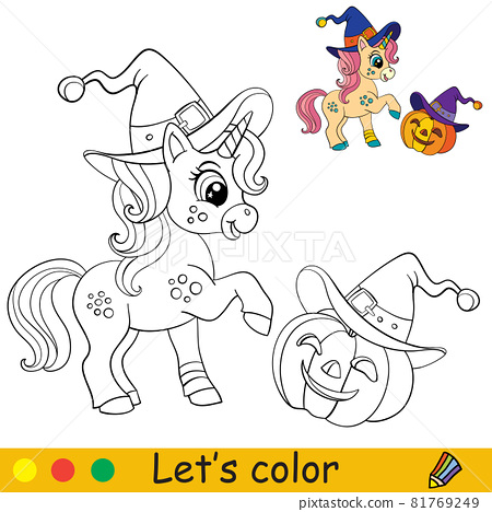 Cute unicorn witch coloring book page halloween