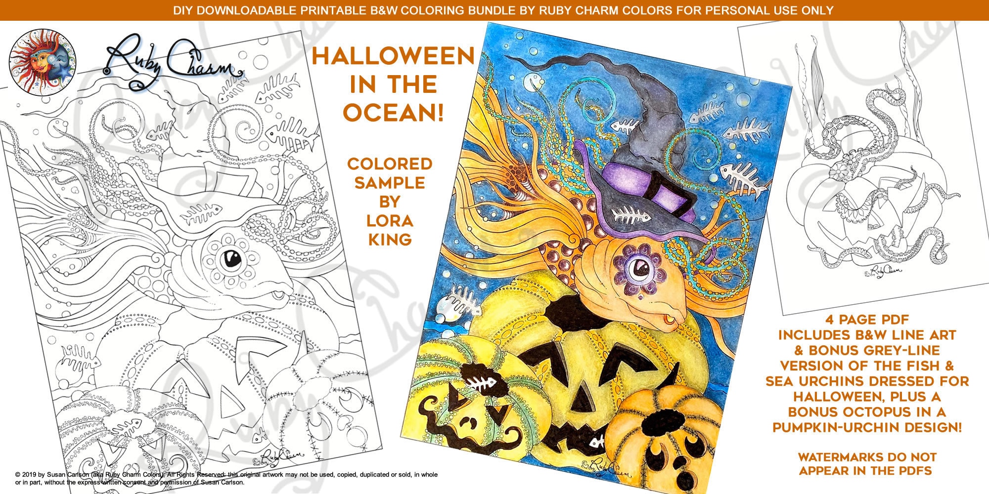 Halloween in the ocean downloadable pdf by ruby charm colors to print color adult coloring page fish witch bone fish pumpkin urchins