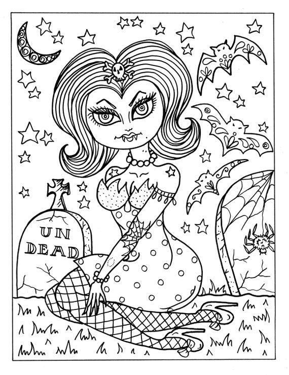 Pages vampire vixens to color instant download print and color coloring pages halloweendigitaldigicolor pageadult coloring