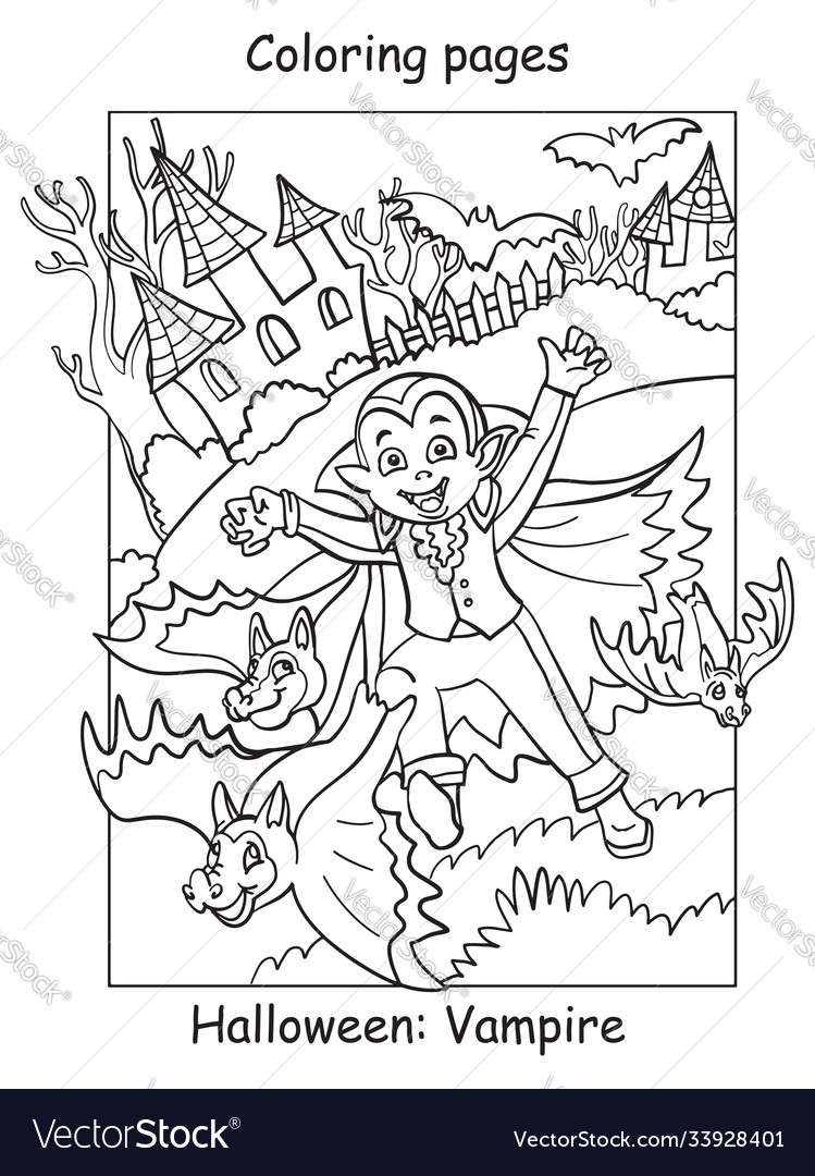 Coloring halloween cute little vampire and bats vector image