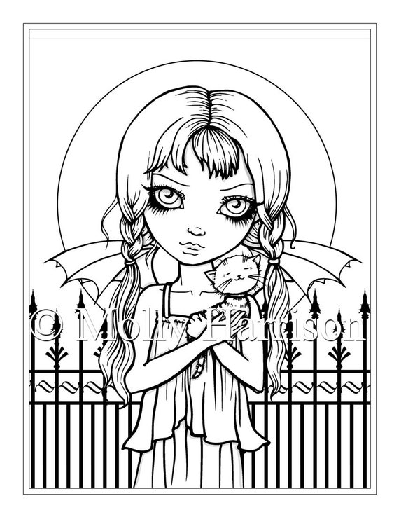 Cute vampire with cat instant download printable halloween fantasy molly harrison fantasy art coloring page jpg x