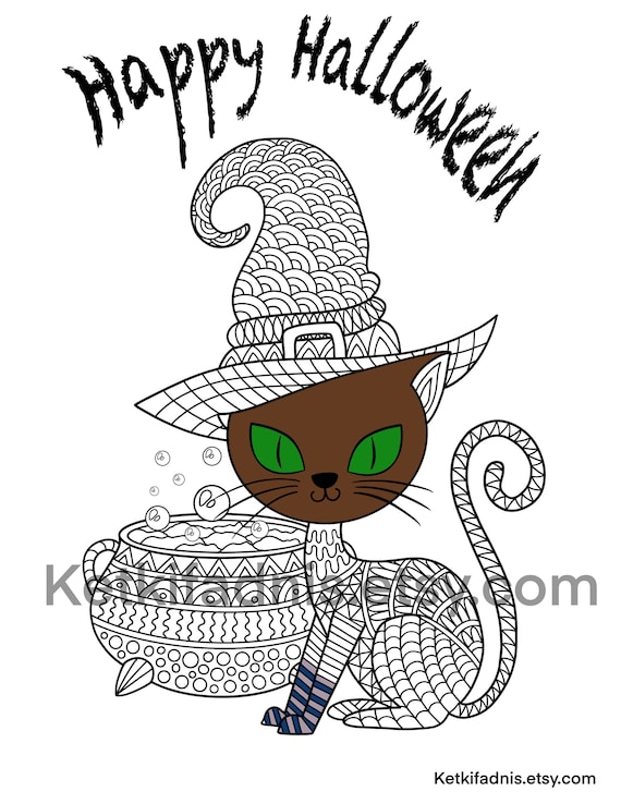 Cat in witch hat colouring page halloween coloring page pdf digital download