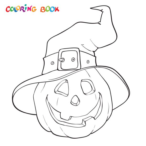 Halloween coloring book pumpkin in the hat stock illustration