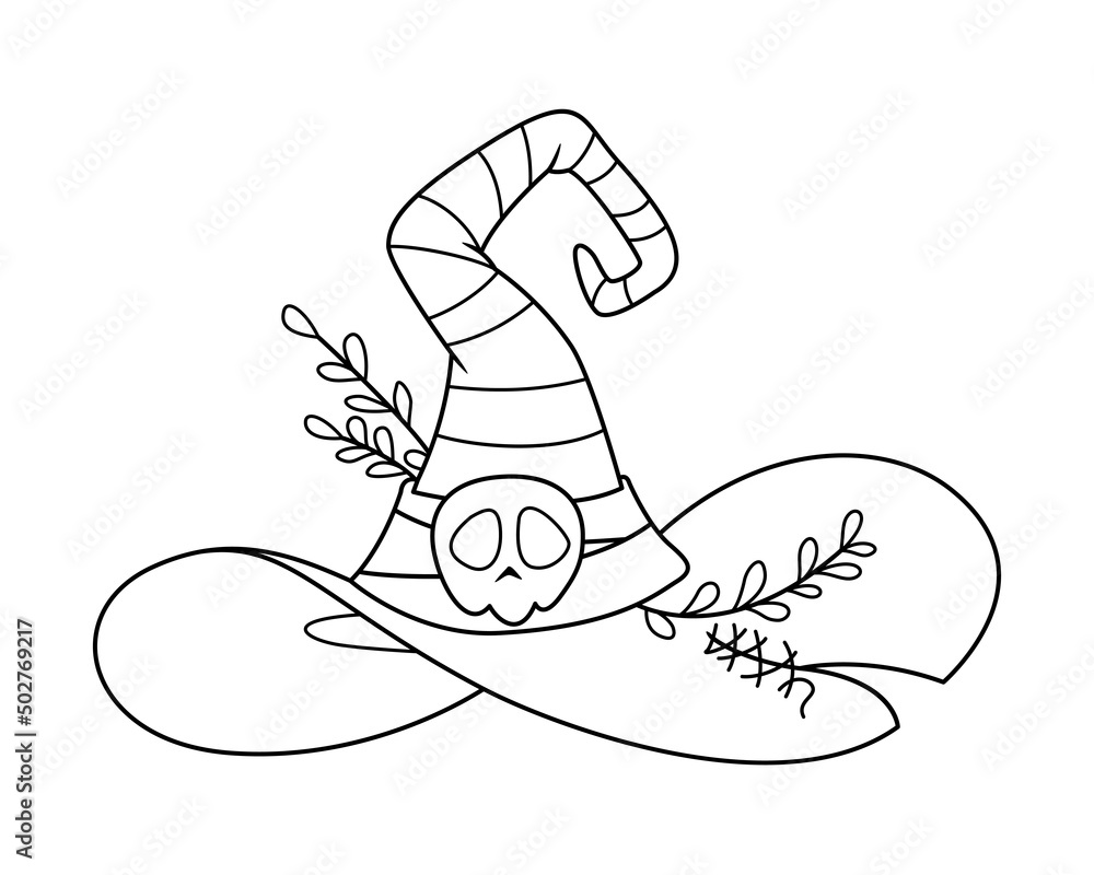 Witch hat with skull for halloween coloring page black and white cartoon vector illustration vector