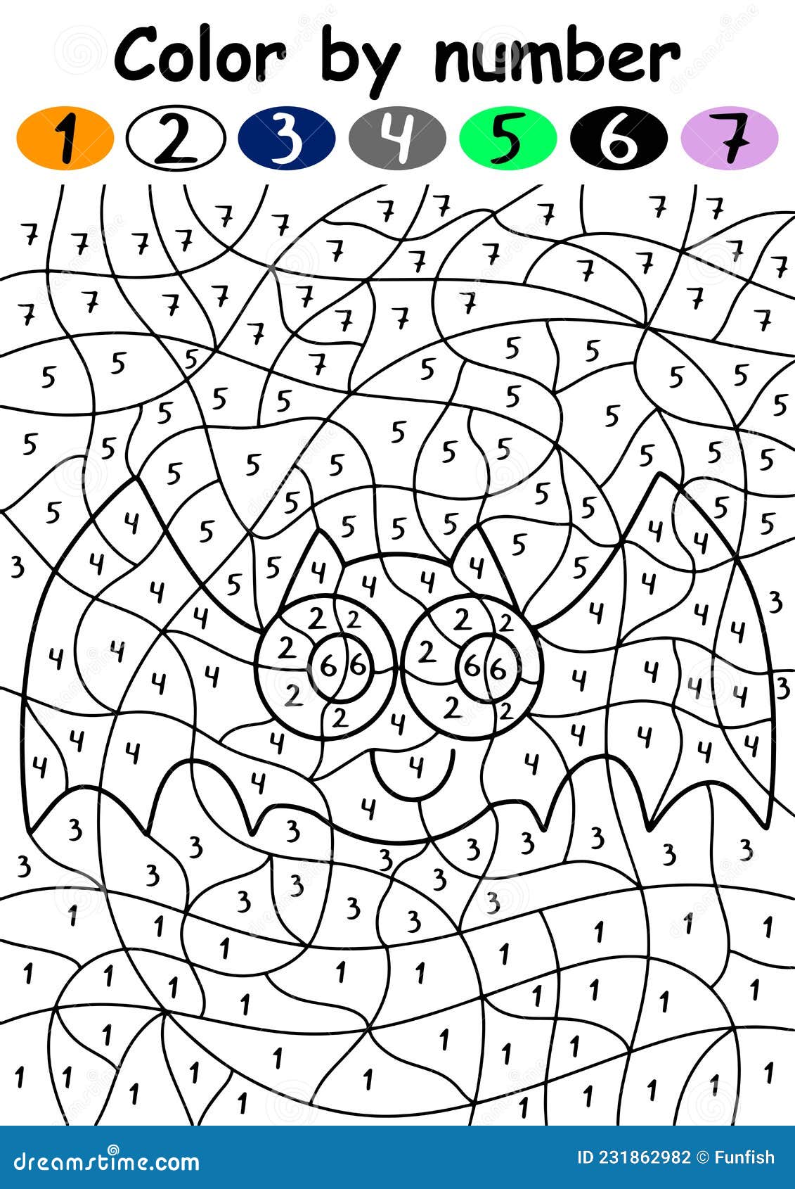 Cute bat color by number vector illustration happy halloween educational coloring page with