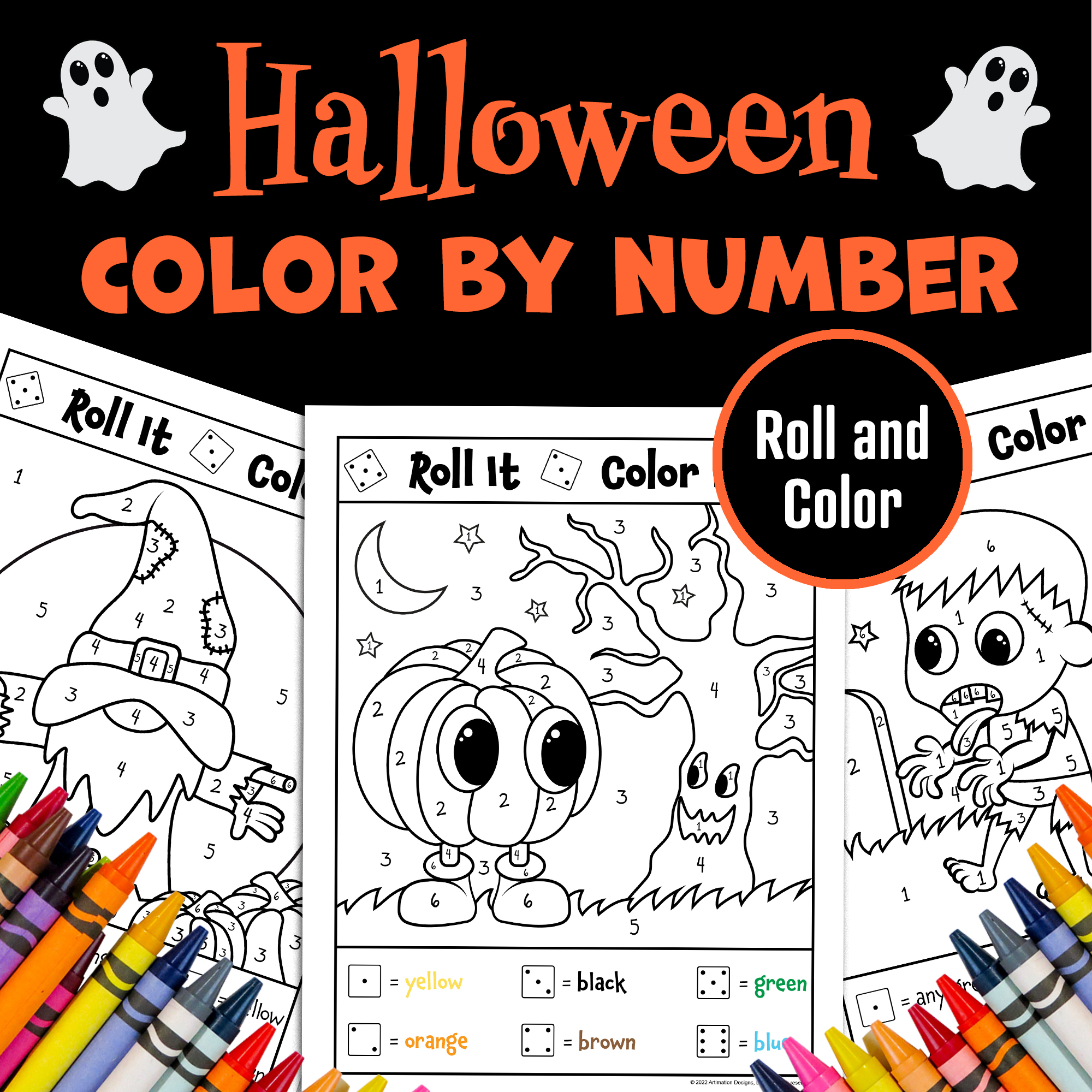 Halloween color by number roll and color coloring pages dice game made by teachers