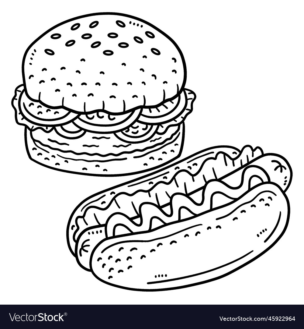 Hamburger and hotdog isolated coloring page vector image