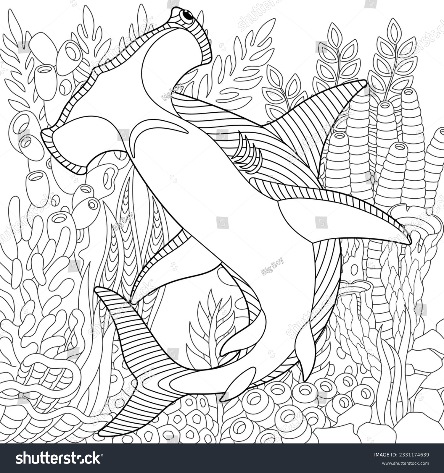 Hammerhead shark coloring page outline sea stock vector royalty free