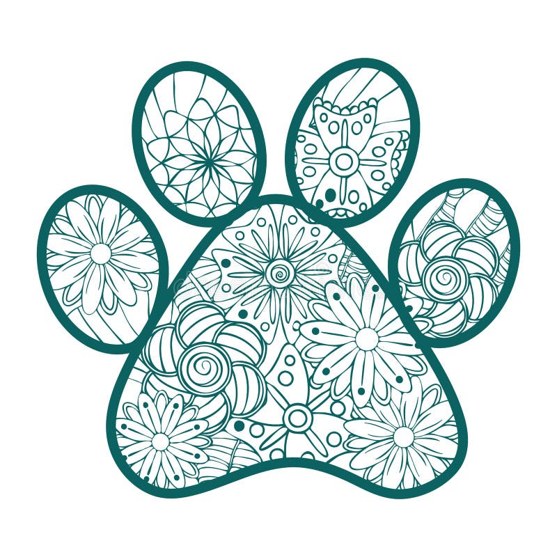 Monochrome hand drawn zentagle illustration of dog paw print coloring page isolated on white background boho style stock vector