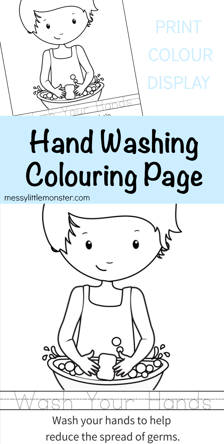 Hand washing colouring page activity for kids