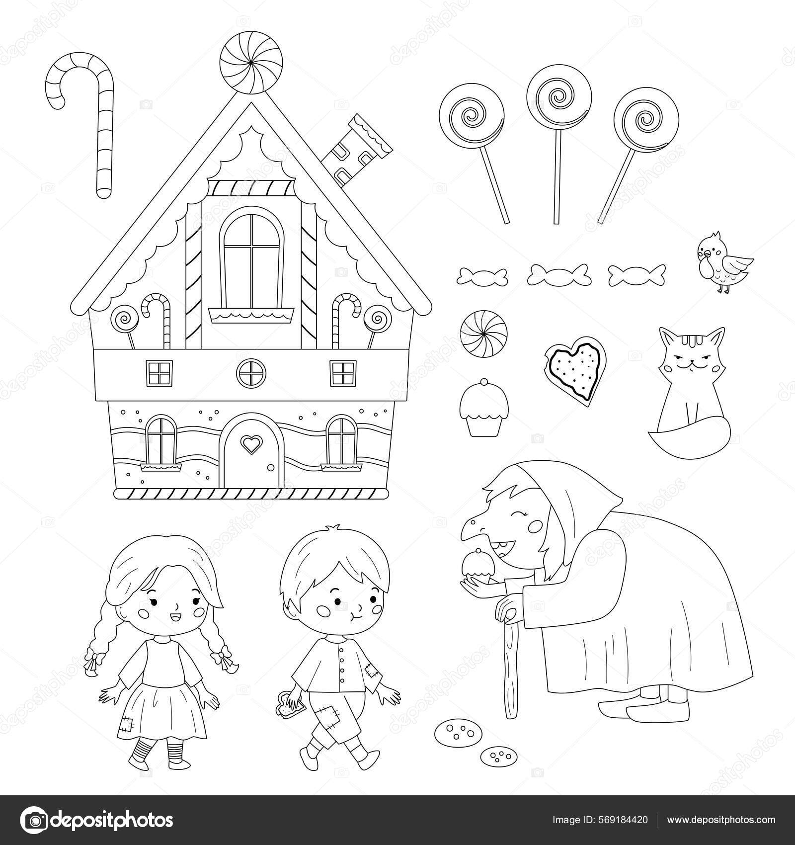 Hansel and gretel coloring page for children classic fairy tale cute cartoon characters for coloring book kawaii girl boy witch cat bird and sweet house vector illustration stock vector by kristina