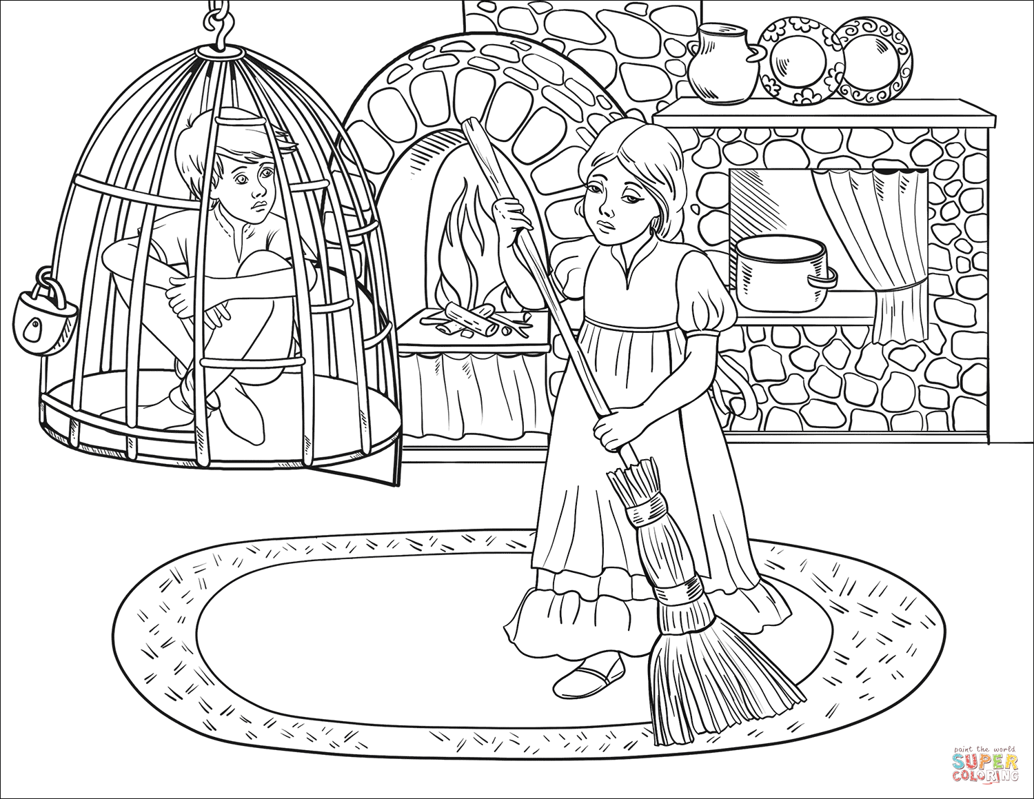 Hansel is in cell while gretel is at work coloring page free printable coloring pages