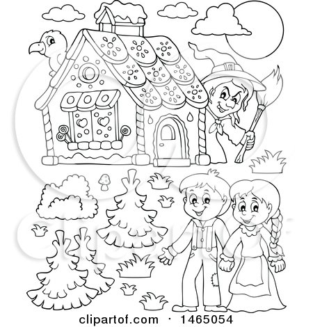 Clipart of a black and white witch watching a brother and sister hansel and gretel near the gingerbread house