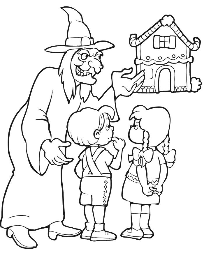 Hansel and gretel coloring page luring kids to cottage