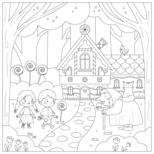 Premium vector coloring page with hansel and gretel