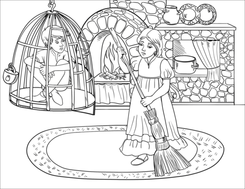 Hansel is in cell while gretel is at work coloring page free printable coloring pages