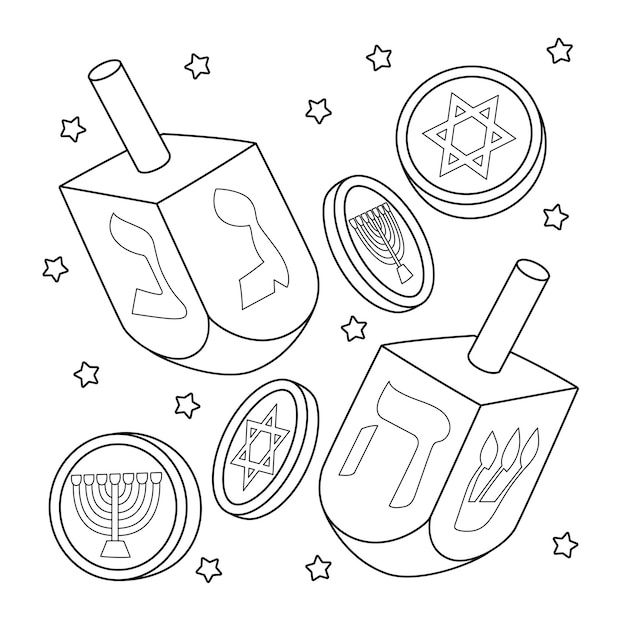 Premium vector hanukkah dreidel and coins coloring page for kids