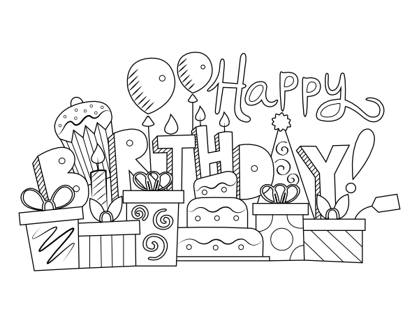 Printable festive happy birthday coloring page