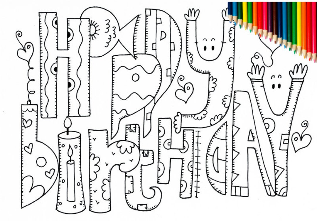 Happy birthday coloring page for adults kids printable digital coloring page instant download