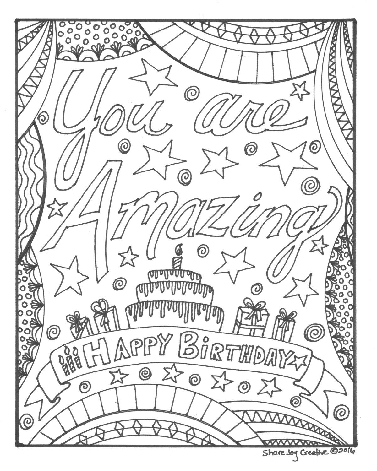 Happy birthday coloring page you are amazing printable coloring page downloadable pdf cake coloring page