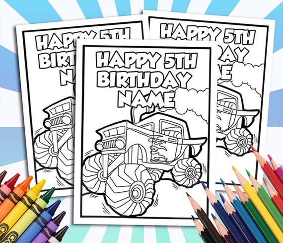 Monster truck happy birthday coloring pages custom personalized party decor