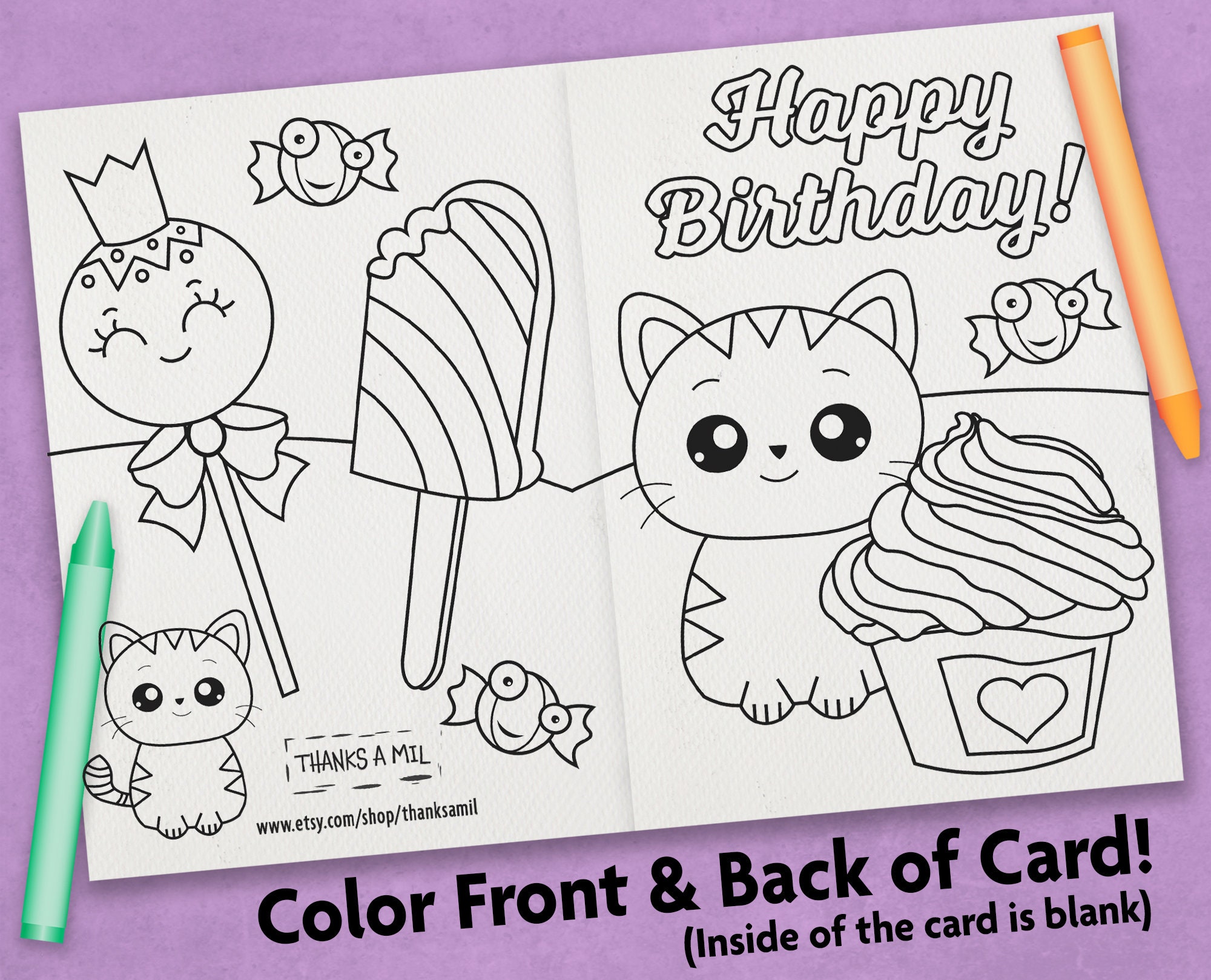 Happy birthday coloring card printable card for child coloring card with envelope print and color cute cat card cat coloring page