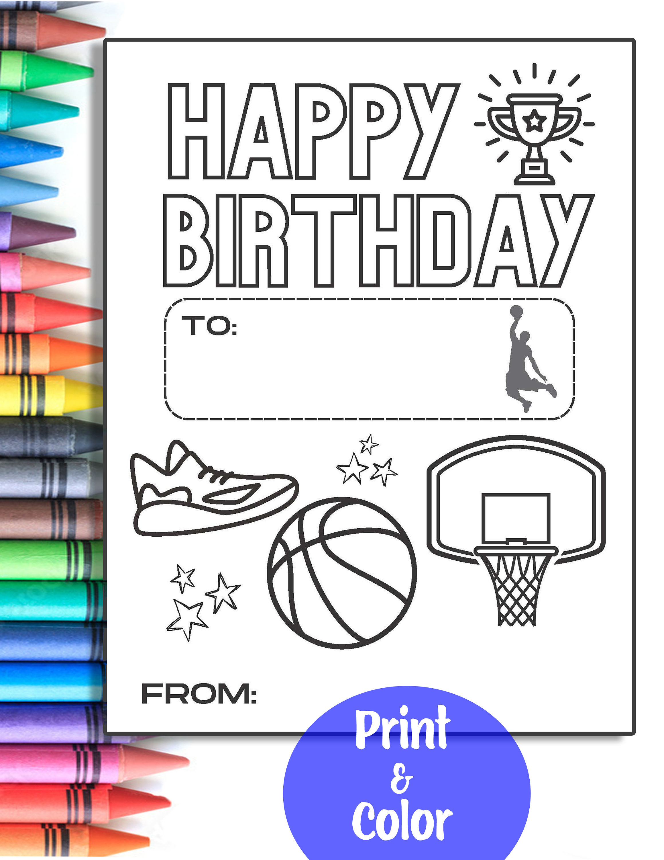 Basketball kids happy birthday card coloring sheet