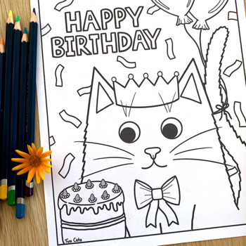 Happy birthday cat colouring page by a passion for teaching tpt