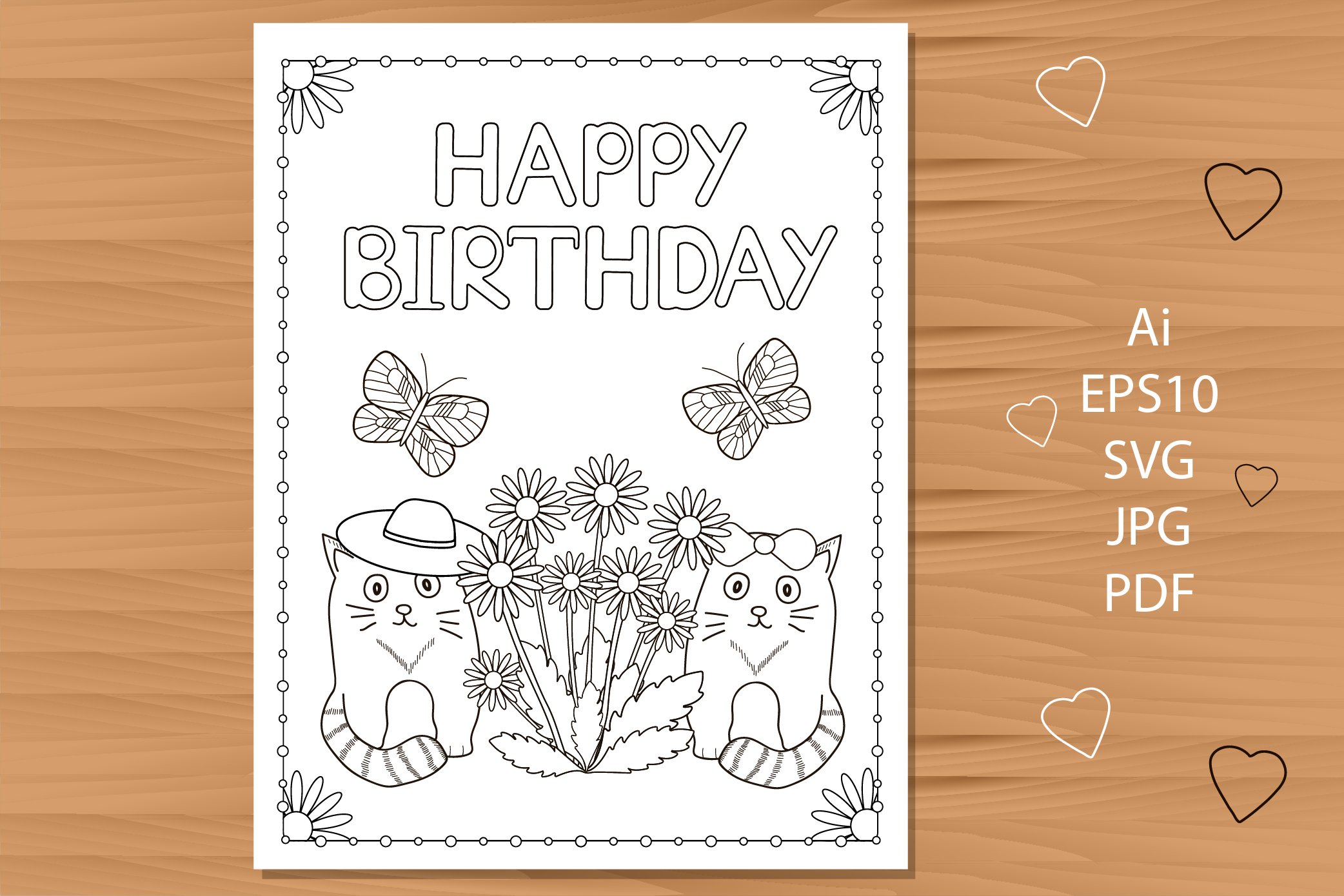 Happy birthday card with cats coloring page