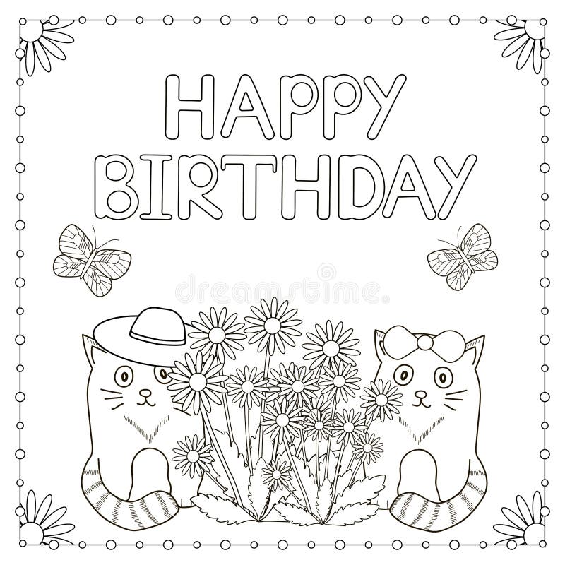 Happy birthday card with flowers cats and butterflies coloring page stock illustration