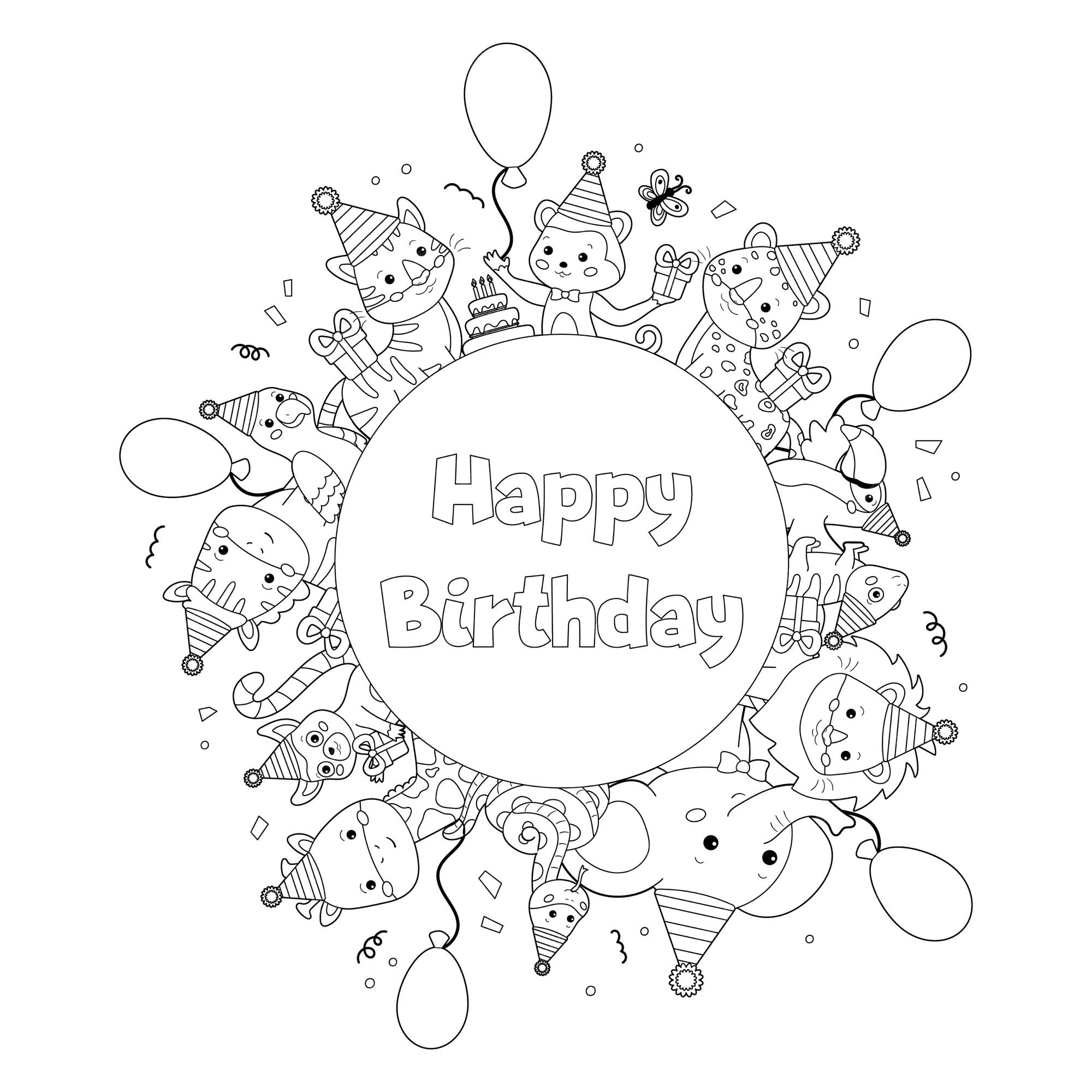 Premium vector happy birthday coloring page for children cute cartoon zoo animals