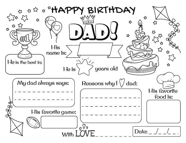 Premium vector happy birthday dad fill in the sheet mom birthday for kids kids printable cards