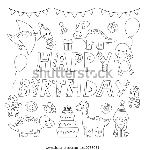 Kawaii cartoon dinosaurs happy birthday coloring stock vector royalty free