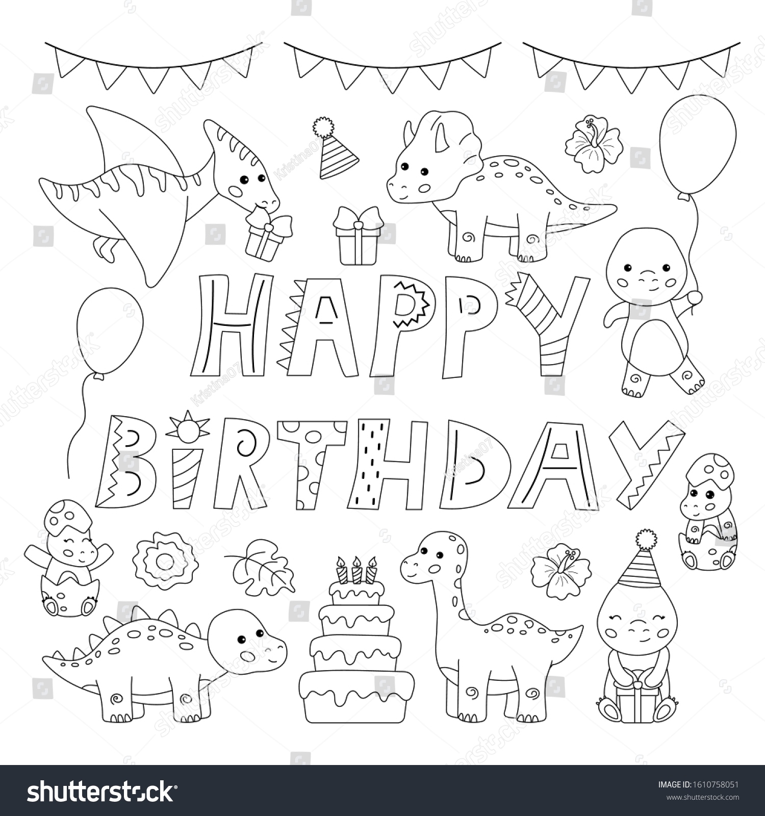 Kawaii cartoon dinosaurs happy birthday coloring stock vector royalty free