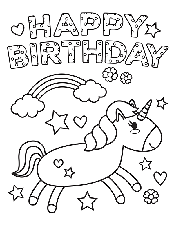 Printable unicorn happy birthday coloring page