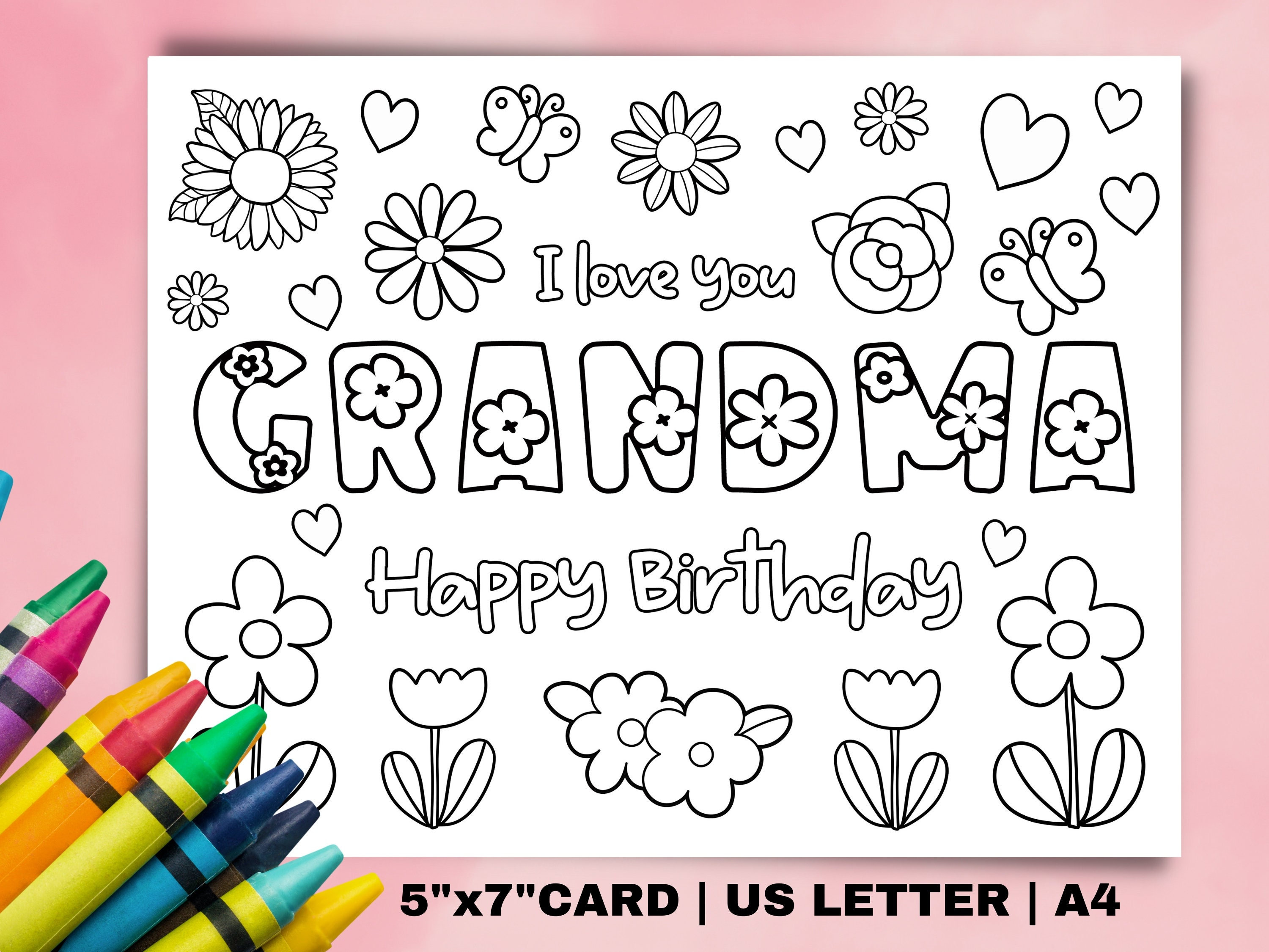 Printable coloring birthday card for grandma grandmother birthday card diy gift kids craft for grandma birthday instant download card