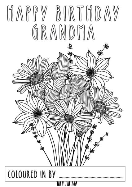 Floral happy birthday grandma colouring card