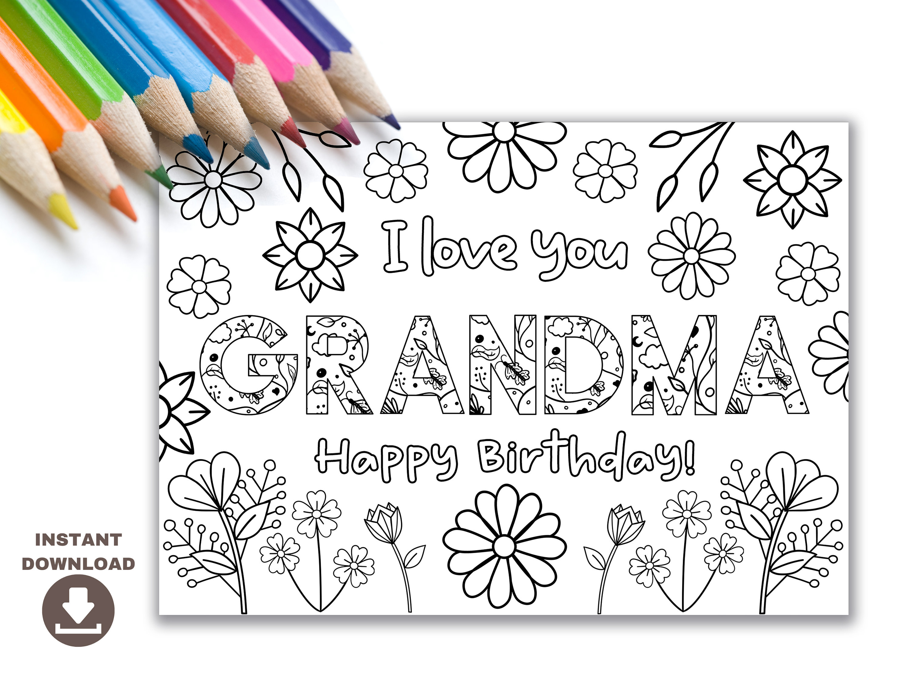 Printable coloring birthday card for grandma grandmother birthday card diy gift kids craft for grandma birthday instant download card