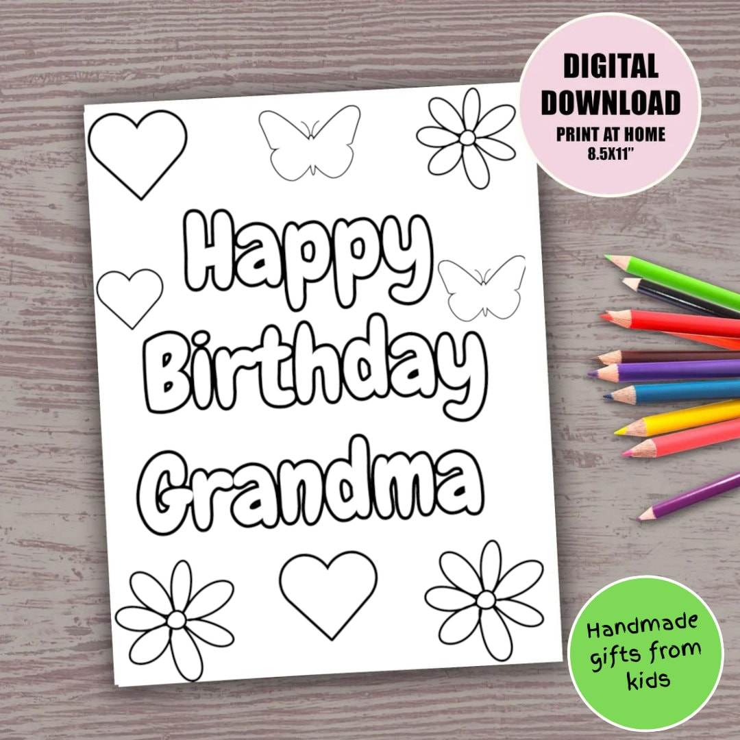 Happy birthday grandma printable coloring page for kids colouring page cute diy handmade card gift for grandmafrom grandson granddaughetr