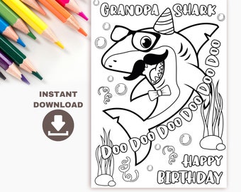Grandpa shark printable birthday coloring card for kids funny birthday card for grandpa printable coloring page for grandfather birthday