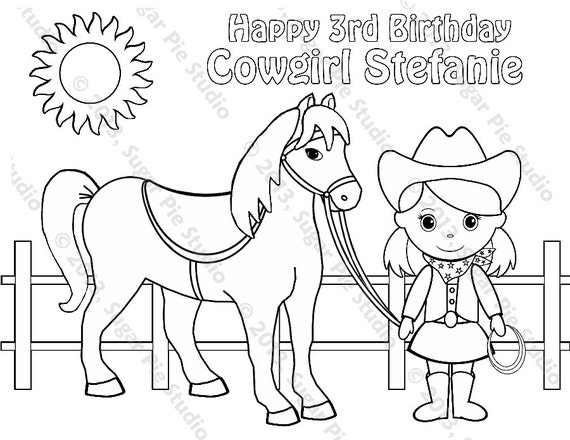 Personalized printable cowgirl horse birthday party favor childrens kids coloring page book activity pdf or jpeg file