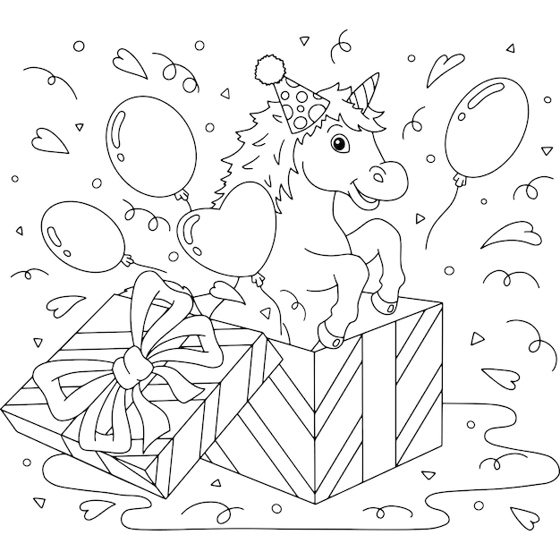 Premium vector a funny unicorn jumps out of a gift box birthday theme cute horse coloring book page for kids