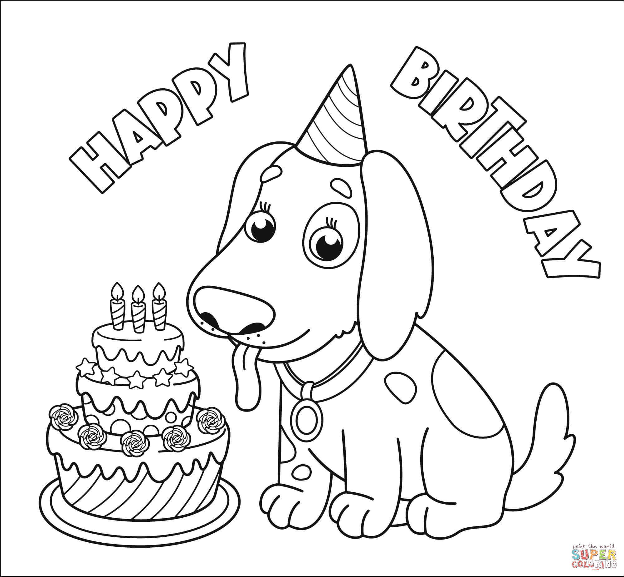 Happy birthday with dog coloring page free printable coloring pages