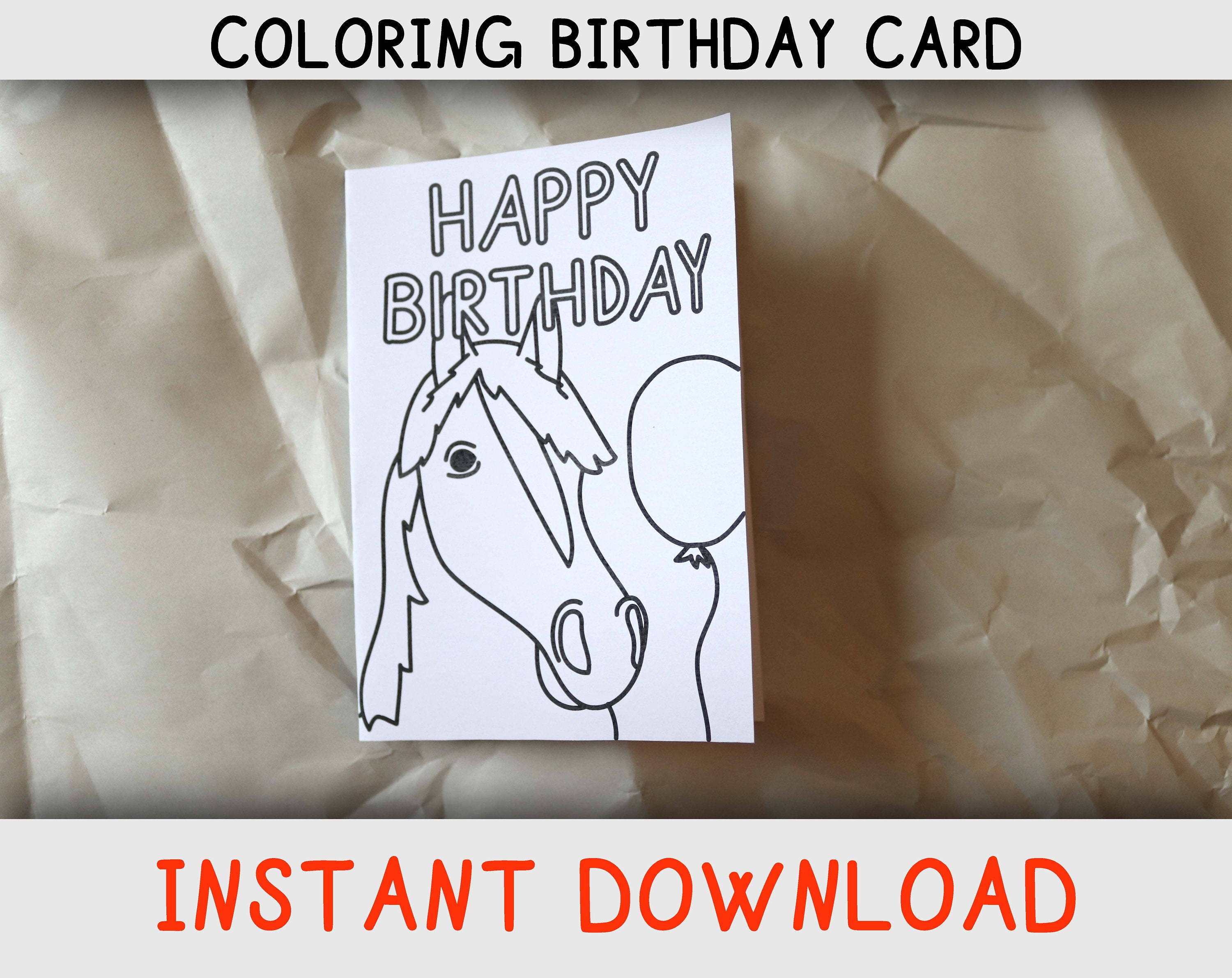 Happy birthday coloring card for kids who loves horses and coloring pages for horse lovers instant download printable birthday card