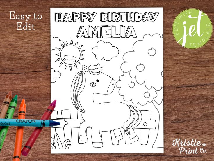 Editable horse birthday coloring page printable horse theme