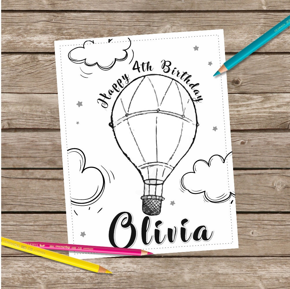 Digital hot air balloon coloring pages printable st birthday party coloring page birthday activities kids table mat coloring place mat